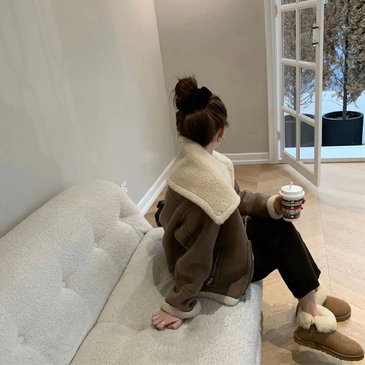 Faux Fur Coat Women Winter New Lambswool Sheepskin Thick Warm Biker Jacket Female Clothing Black Chic Pu Outerwear Loose Tops