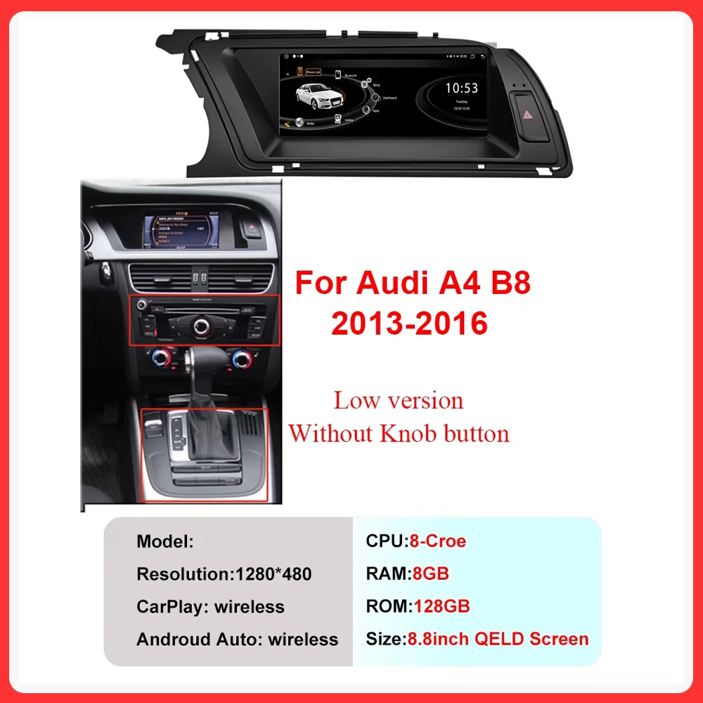 

8,8-дюймовый сенсорный экран Android 14, автомобильный мультимедийный автомобильный плеер Carplay для Audi A4 B8 2009-2016, 8-ядерный процессор, Google GPS, стерео головное устройство