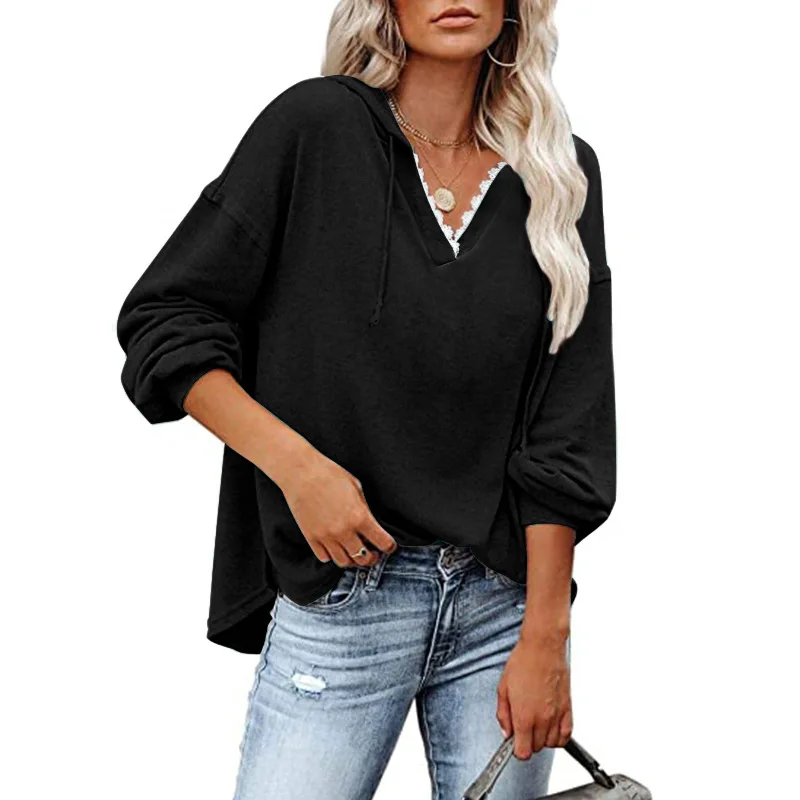 

Fashion Lace Collar Hooded Sweatshirts Women Solid Colors Loose Casual Pullovers Spring Autumn All-Match Hoodies Chic Streetwear