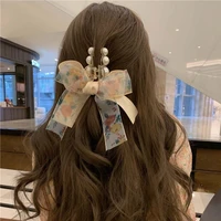french double layer floral mesh bow hair claw retro shark clip pearl temperament sweet hair accessories
