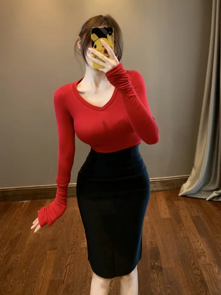 

Женские привлекательные милые футболки, тонкая Осенняя Базовая рубашка с V-образным вырезом и длинным рукавом, элегантная Сексуальная Рожд...