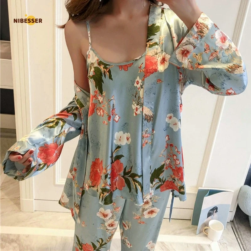 

Nibesser Woman 3pcs Pajama Set Strap Silk Pijamas Sexy V-neck Home Wear Flower Print Sling Top+Pants Kimono Satin Sleepwear
