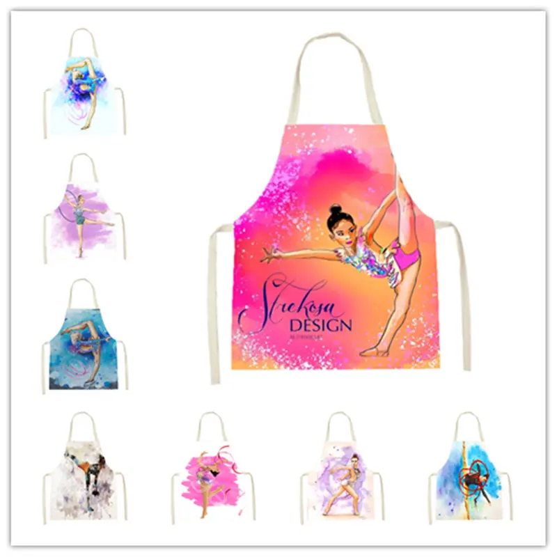

Gymnastics Girl's Pattern Apron Kitchen Cooking Pinafore Sleeveless Adult Children's BBQ Bib Household Cleaning Waist Aprons