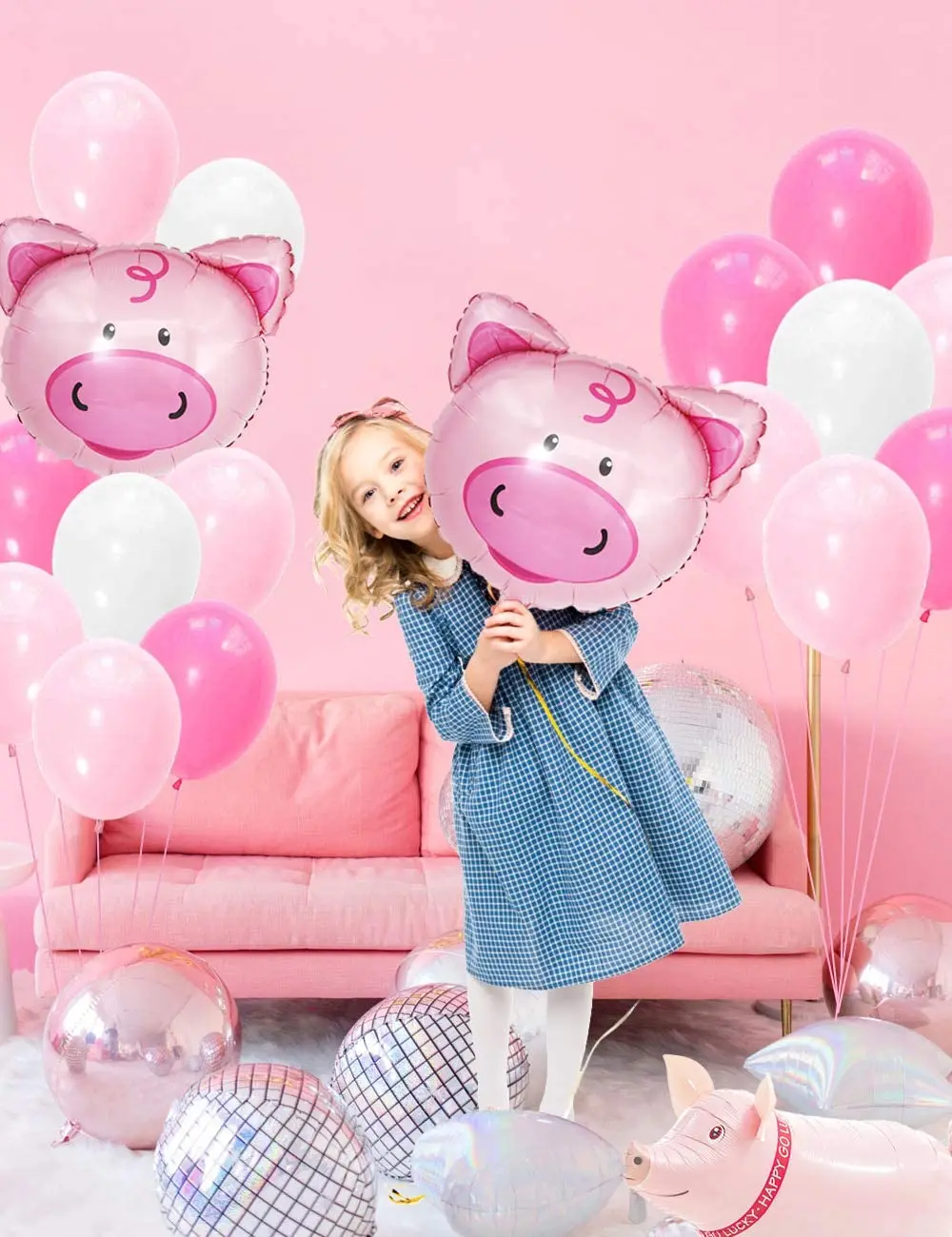 

CHEEREVEAL Pig Theme Pink White Latex Balloon Walking Pig Foil Balloons Paper Banner for Birthday Party Baby Shower Supplies