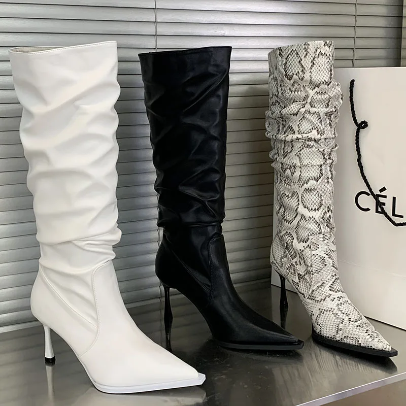 

Женские высокие сапоги до колена, сезон осень-зима 2022, модные женские туфли-лодочки с леопардовым принтом и острым носком на каблуке, женски...