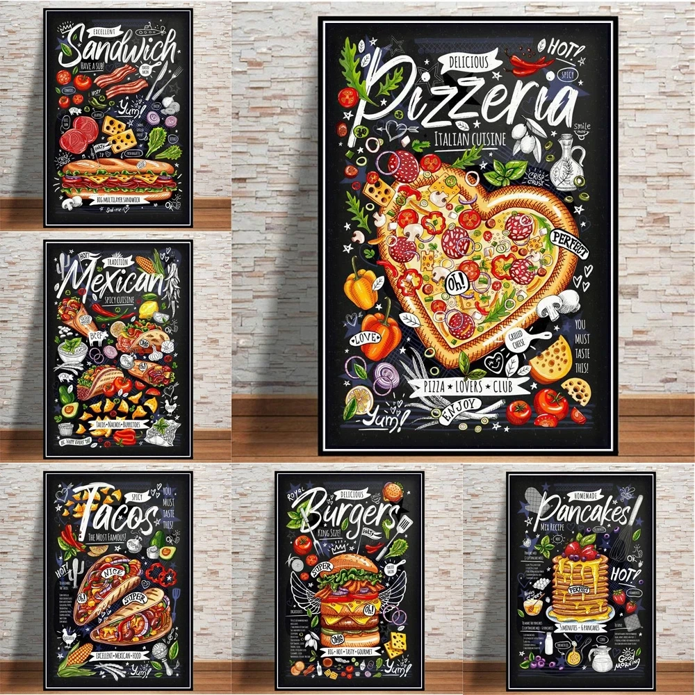 

Delicious Food Fries Burger Pizza Sandwich Still Life Canvas Paintings Posters Prints Wall Art Restaurant Kitchen Home Art Decor