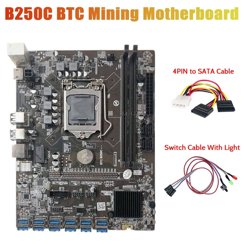 

Материнская плата B250C для майнинга + кабель переключателя светильник кой + кабель 4PIN на SATA, 12 PCIE на USB3.0 слот GPU LGA1151, поддержка DDR4 RAM