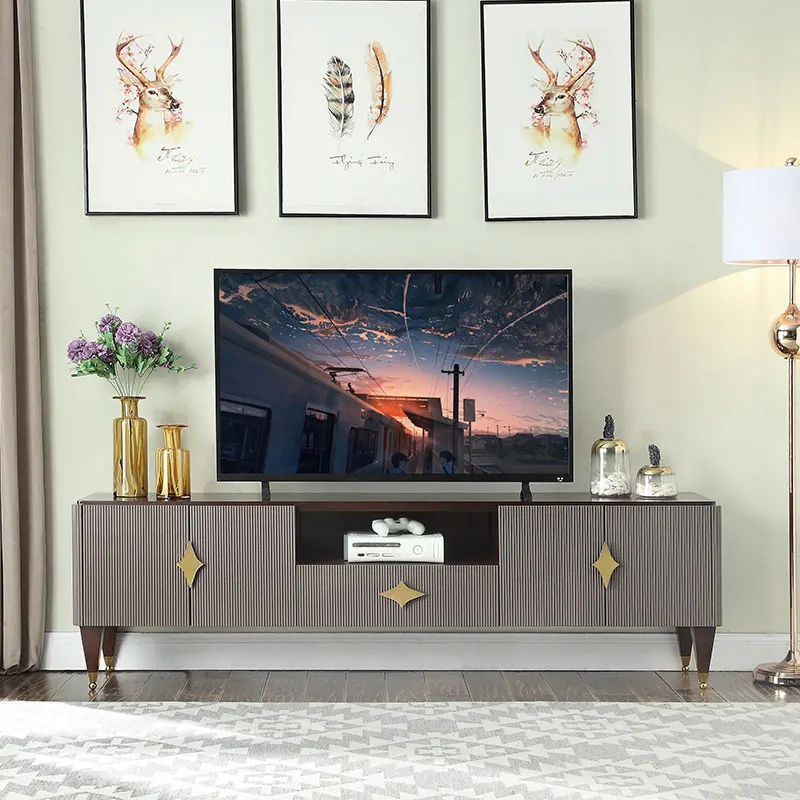 

American light luxury TV cabinet postmodern simple living room tea table TV cabinet combination gray stripe solid wood floor cab