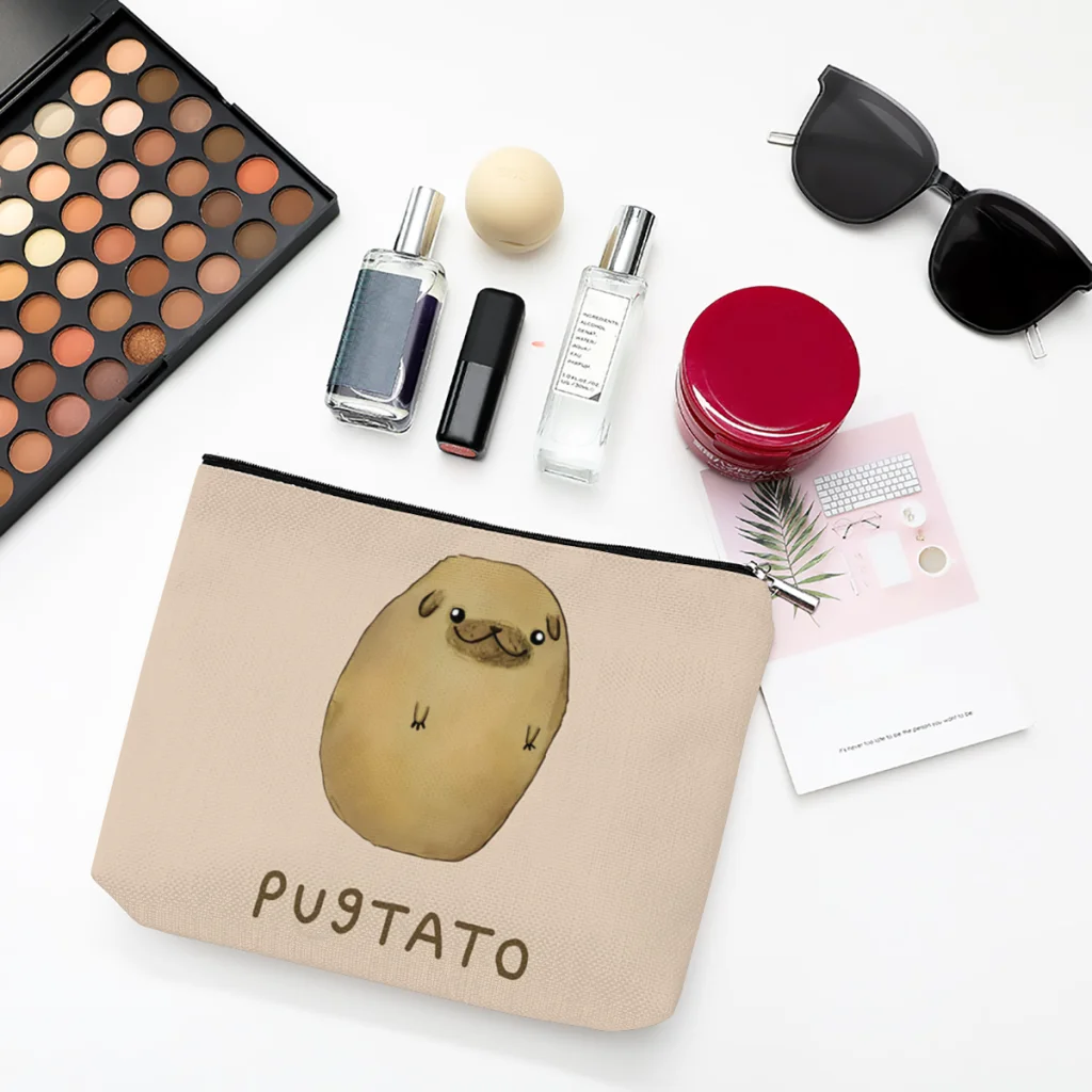 

Pugtato, льняная женская косметичка, милая собака, косметичка, женская сумка-тоут, кошелек, дорожный органайзер, чехол