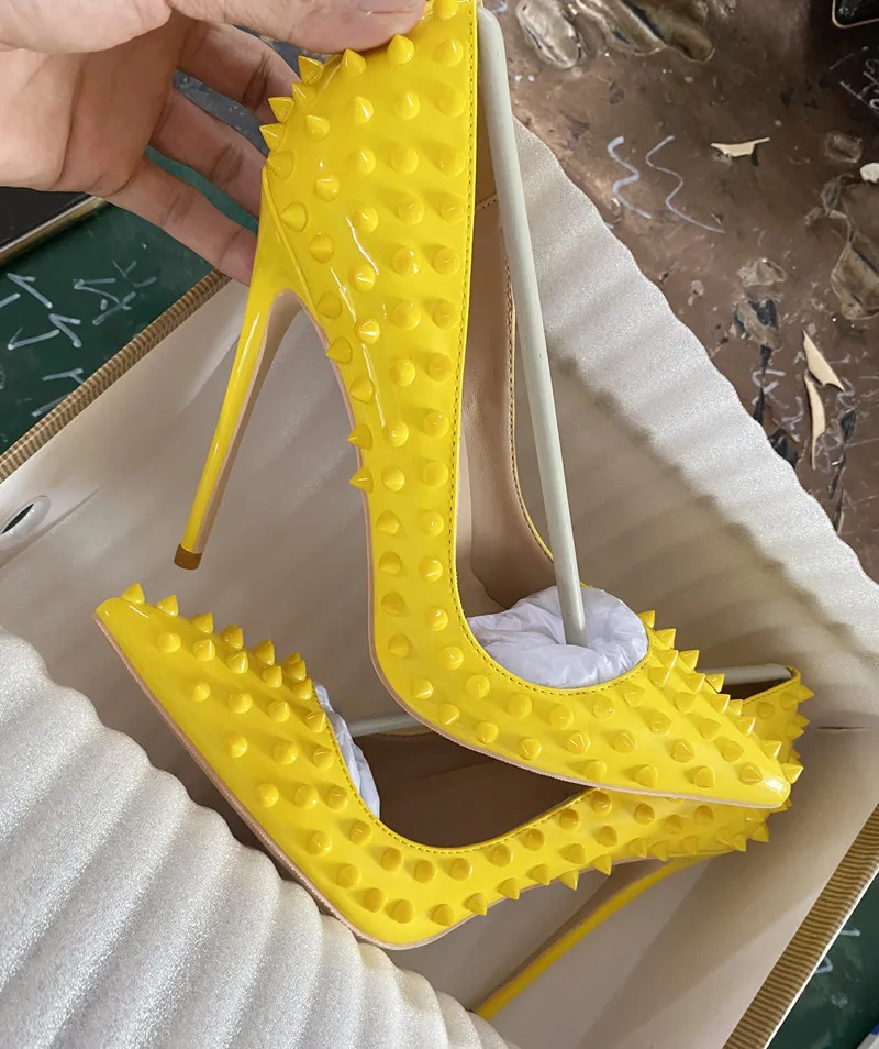 

vinapobo Yellow Full Spikes Women Pointy Toe Stiletto High Heels Size 33-45 Punk Rivets Slip On Pumps Sexy Ladies Party Shoes