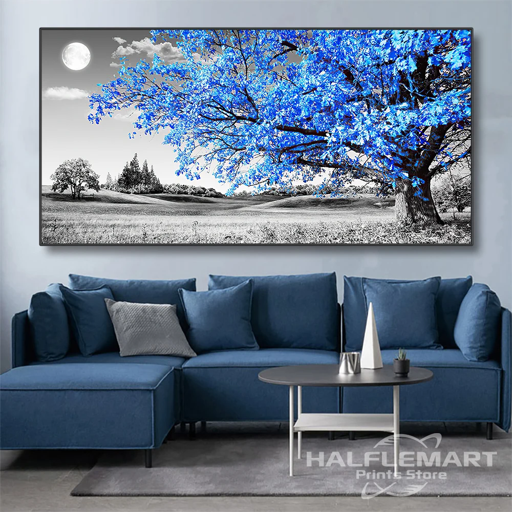 

Nordic Abstract Blue Tree Moon Canvas Painting Wall Art Landscape Posters Prints Wall Picture for Living Room Home Cuadros Decor