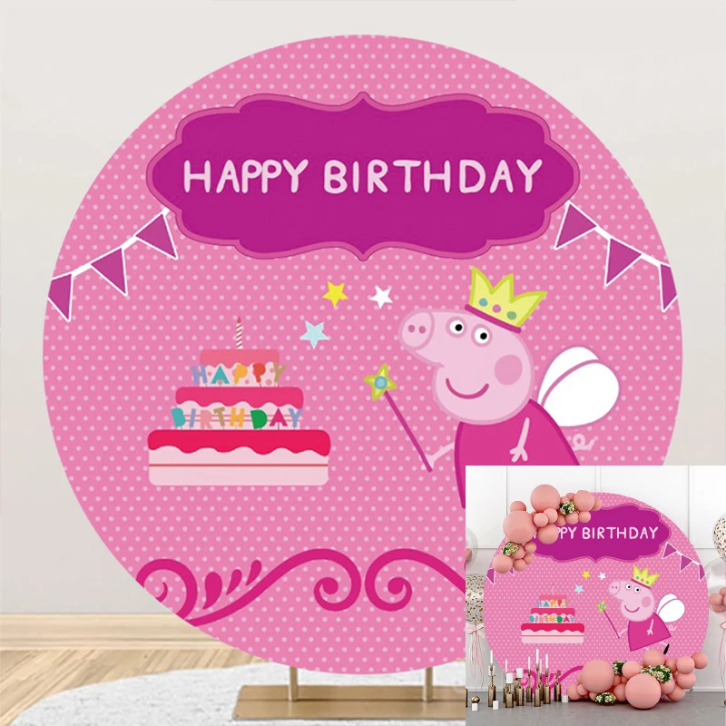 

Круглая эластичная Обложка задний фон для фотосъемки мультяшная розовая свинка торт День Рождения Декор фотосессия студия реквизит