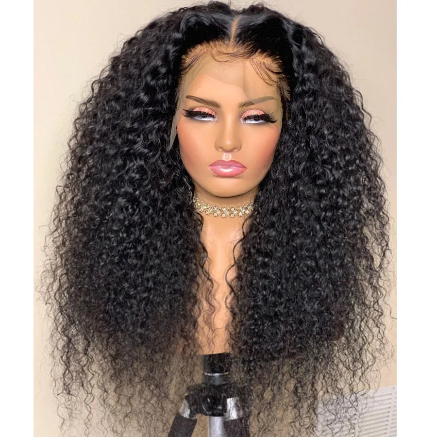 

Preplucked Glueless Soft 180 Density Synthetic 26 inch Long Natural Black Kinky Curly Lace Front Wig for Women BabyHair Cosplay
