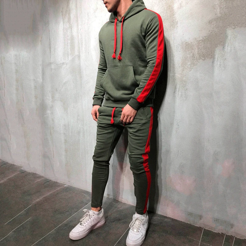 

2 Pieces Sets Tracksuit Men New Brand Autumn Winter Hooded Sweatshirt +Drawstring Pants Male Stripe Patchwork Hoodies Bigsweety