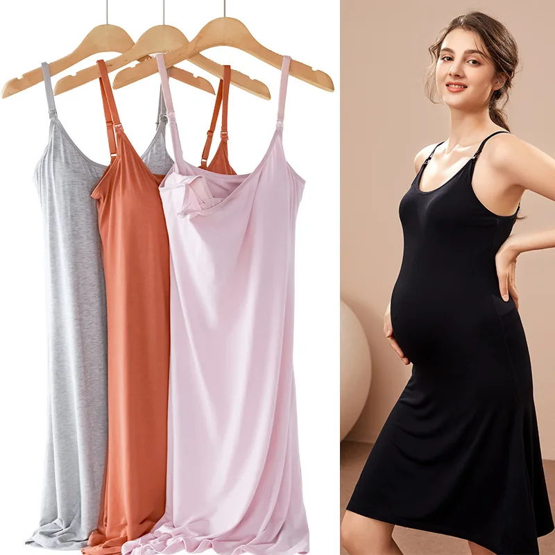 Large Loose Nursing Sling for Pregnant Women Satin Nightdress Dress Chemise Mini Nightgown Wearless Underwear with Bra Pad
