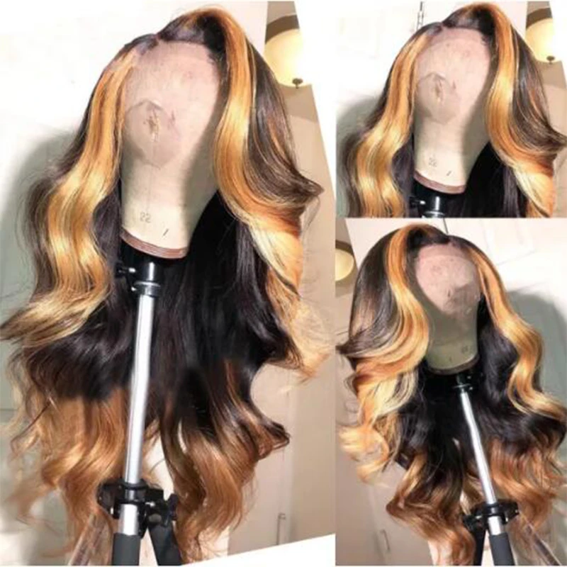 

Highlight Ombre Honey Blonde 26“Long Soft Wave PrePlucked Glueless European Human Hair 13*4 Lace Front Wig For Black Women Daily