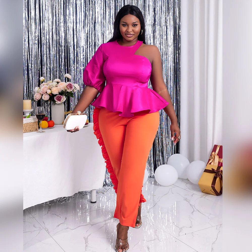 

Комплект из двух предметов, женский топ с открытой спиной и рукавами-фонариками на одно плечо + длинные брюки с оборками, модные офисные женс...