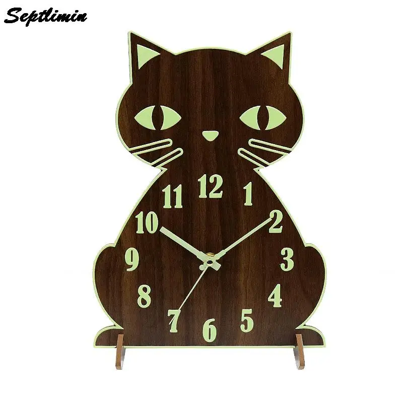 

Luminous Cat Wall Clock Bedside Table Clocks Wooden Mute Quartz Backlight Watches For Living Room Office Home Electronics Decor