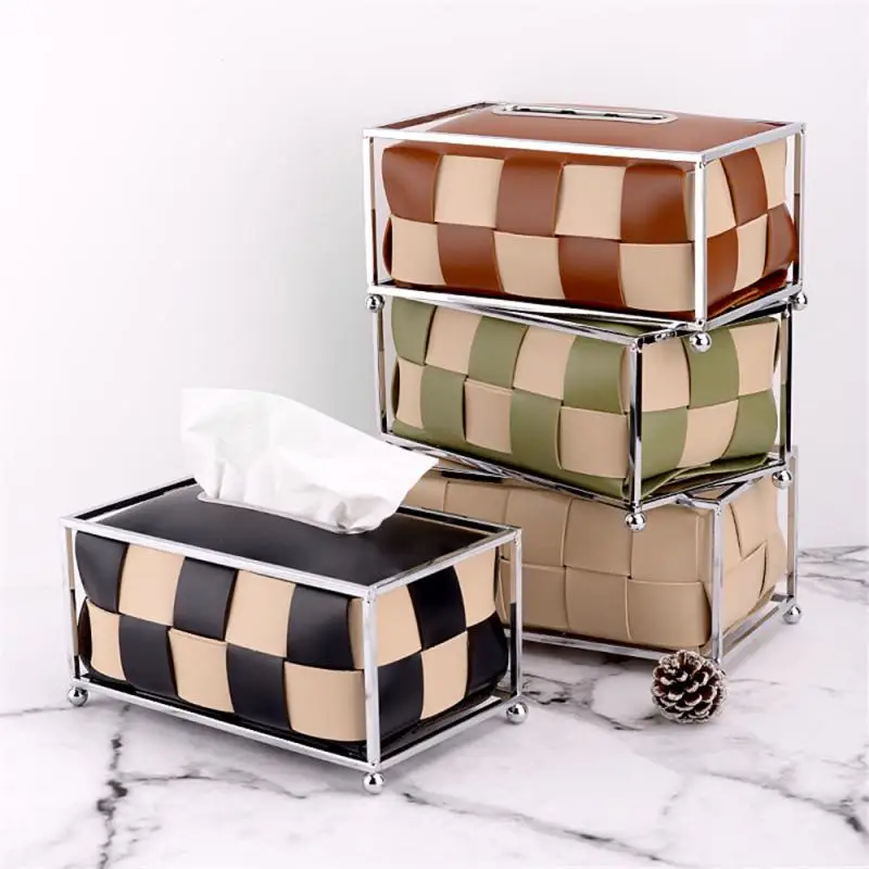 

Paper Drawer Contrast Weaving High Quality Durable Fashionable Independent Inner Box Home Storage Tissue Box Metal Thick Pu