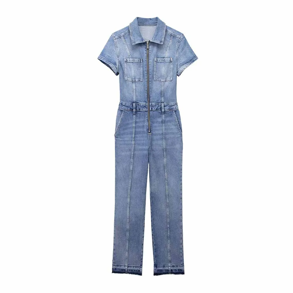 

TRAF Women's Jumpsuit Fall New Pocket Decoration Design Sense Short Sleeve Female Zipper Slim Long Denim Jumpsuit Mujer 7223/245
