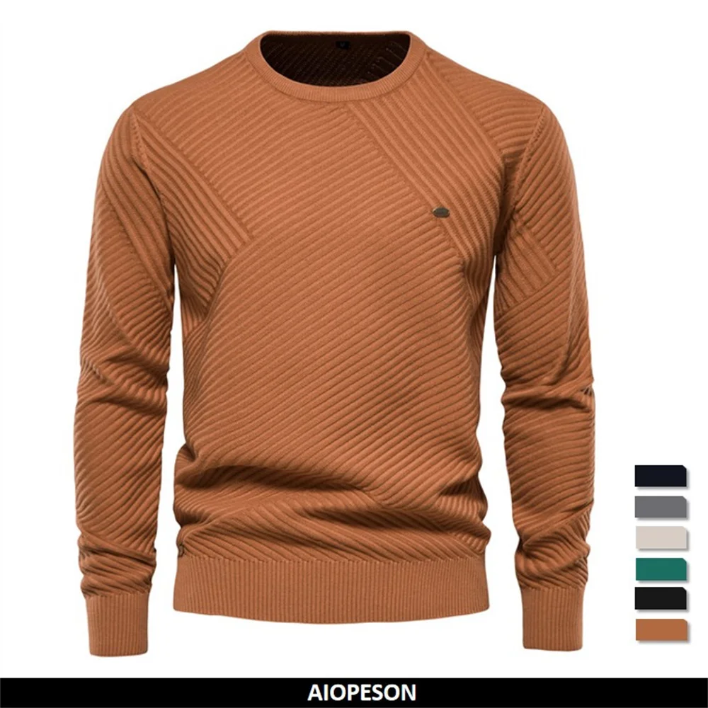 

AIOPESON Solid Color Cotton Men's Sweater Striped O-Neck Knitted Pullover for Men Casual i Quality New Winter Sweater Men