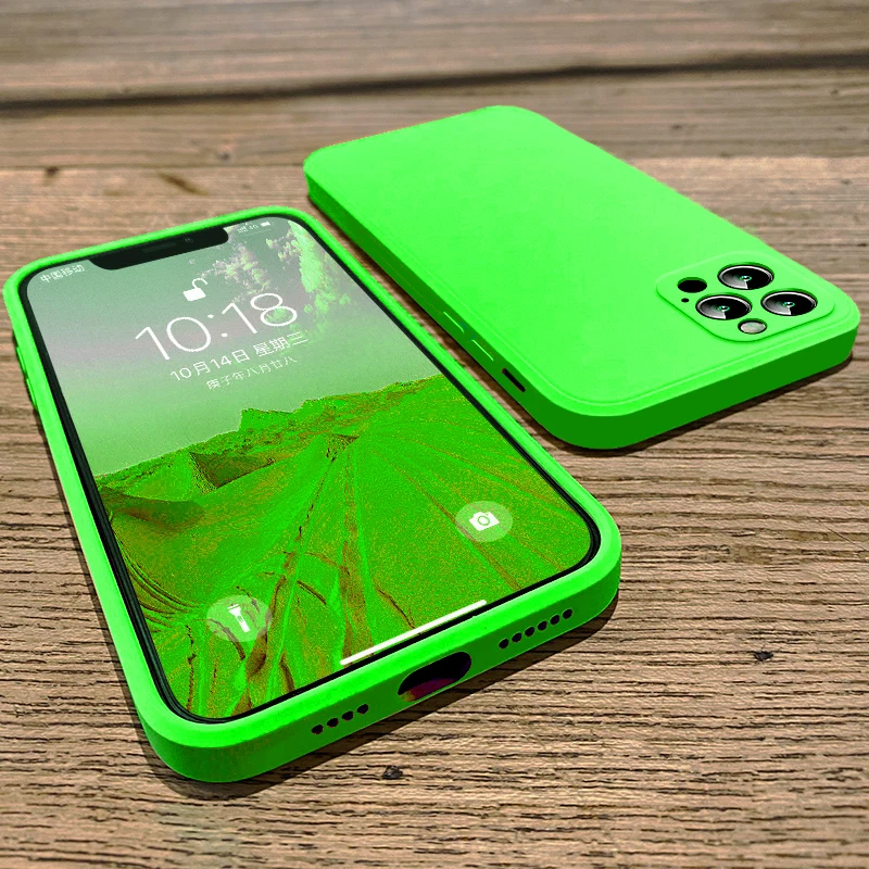 NEW Fluorescent Green Square Silicone Case For iPhone 14 11 Pro Max 13 12 Mini X XR XS 7 8 Plus SE 2022 Shockproof Cover Cases