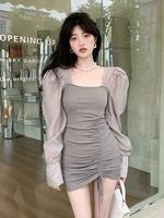 summer new y2k dress women fashion square neck slim drawstring pleated long sleeve dresses for woman party
