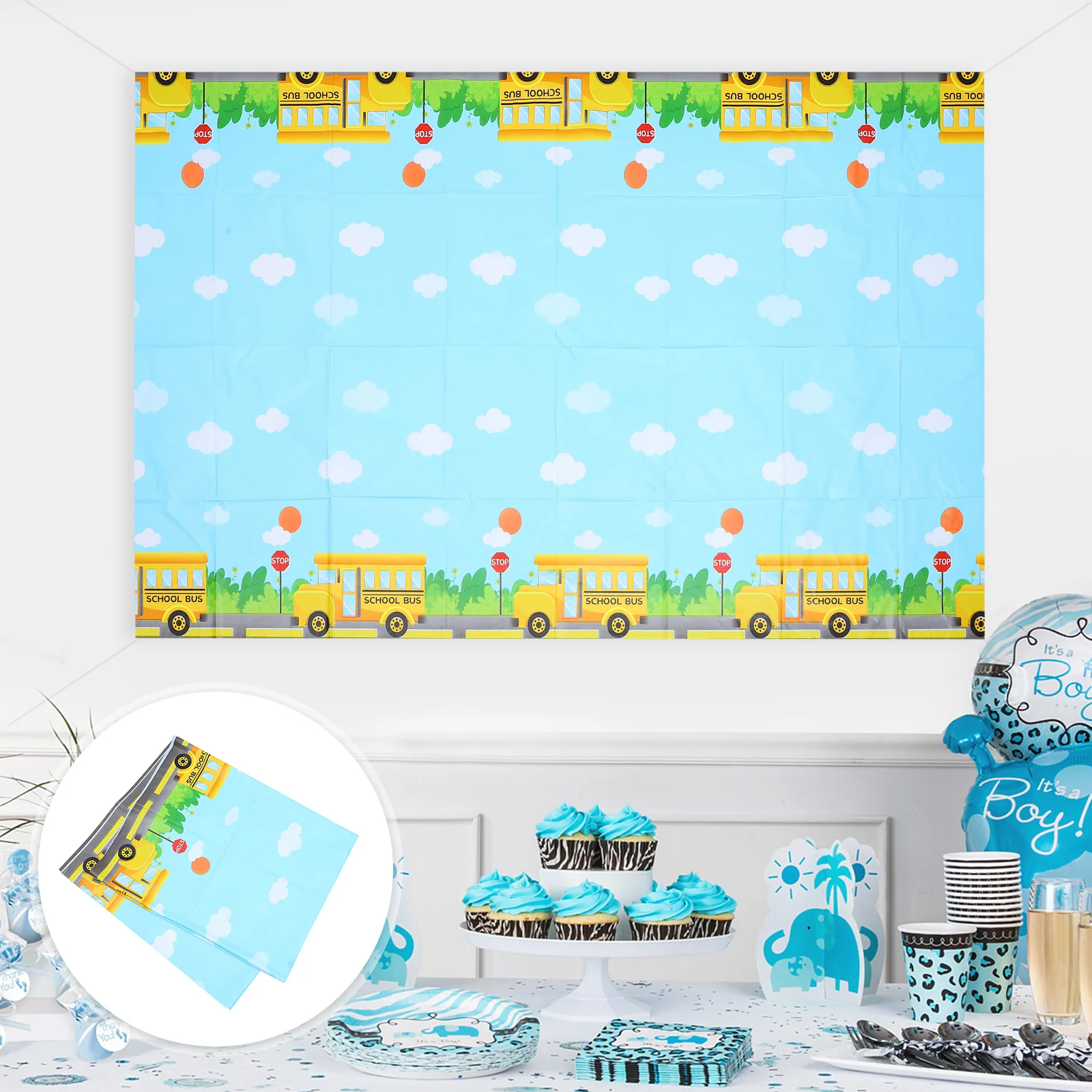 

Kids' Party Supplies School Bus Table Runner Dining Room Decor Plastic Tablecover Decorative Tablecloth Desktop Season