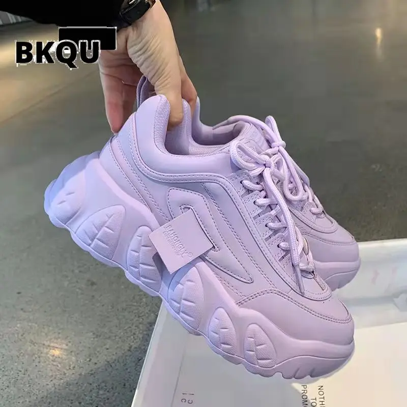 Women Shoes Purple Platform Shoes Thick Bottom Leather Lace Up White Shoes Spring Casual Shoes