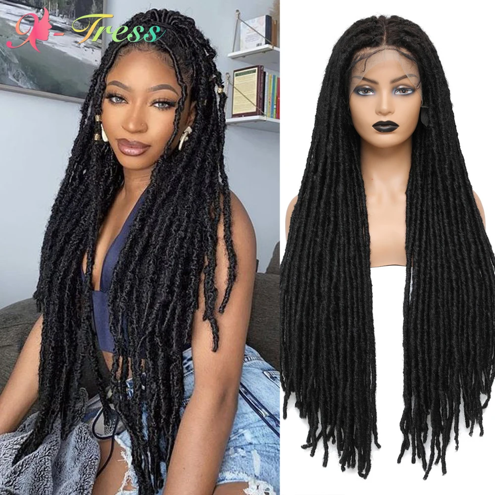 X-TRESS Braided Wigs Faux Locs Synthetic Lace Front Wig for Black Women 32 Inch Long Straight Dreadlocks 13X4 Free Part Lace Wig