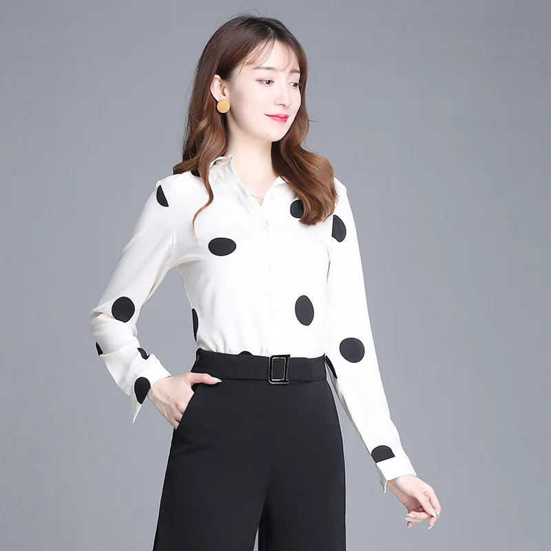 

Blouse Women Chiffon Shirt Lapel Buttons Cardigan Fashion Dots Printing Long Sleeve Summer Straight Barrel Popularity Tenafeicc