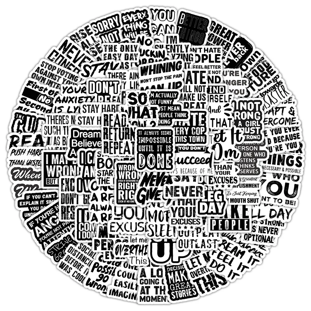 

50/100 шт. черно-белые наклейки с английским вдохновляющим текстом для ноутбука, велосипеда, гитары, скейтборда, детская наклейка с граффити s