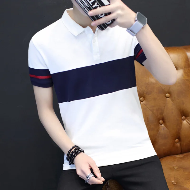 

Рубашка-поло мужская корейская мода мужские рубашки с отложным воротником Летняя Повседневная универсальная мужская футболка с прострочкой цветная мужская одежда