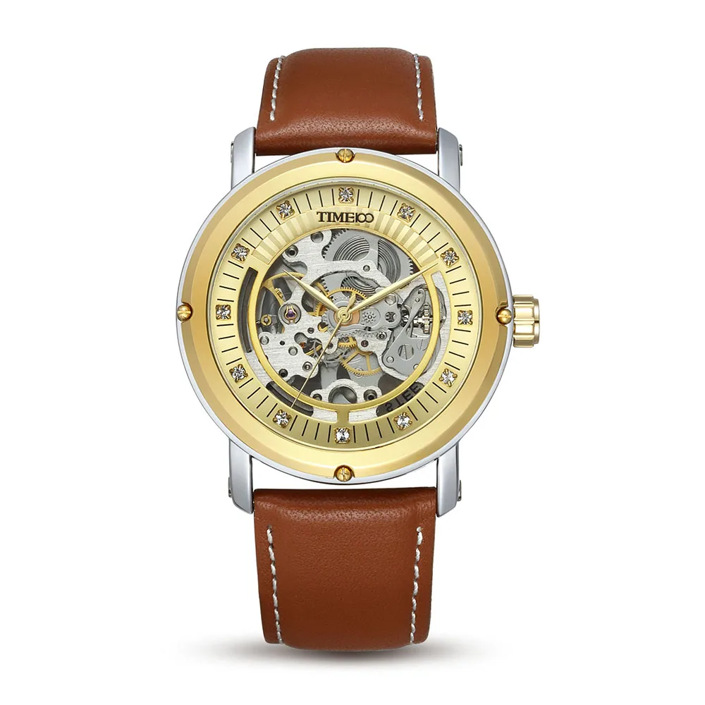 TIME100 Men's Automatic watch Self-wind Mechanical Skeleton Watches Brown Leather Strap Gold Dial Automatic Watch For Men