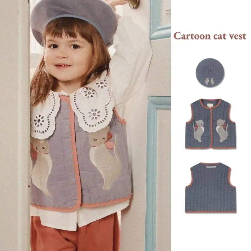 

2023 Children's Waistcoat Winter Padded Vest for Kids Baby Girls Cartoon Kitty Cat Embroidery Sleeveless Padding Infants Outfits