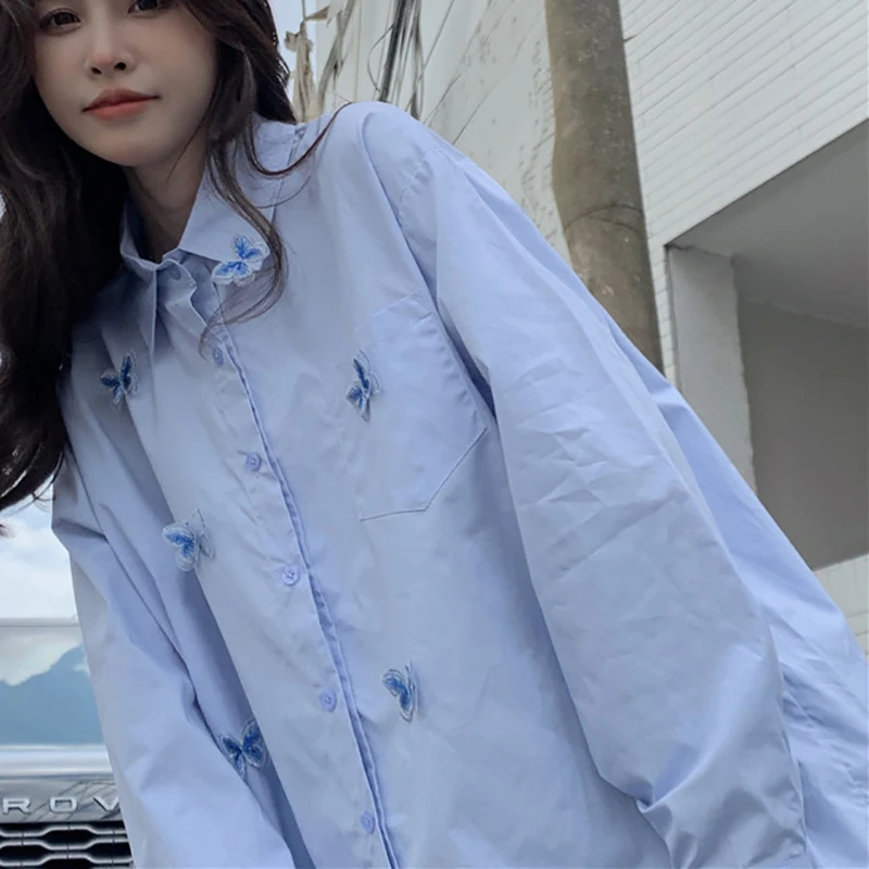 Рубашки с украшением в виде синей бабочки женские свободные топы отложным