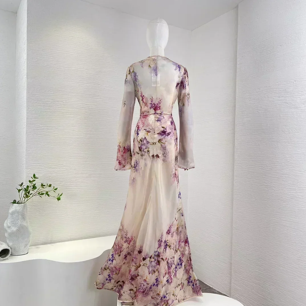 Шелковая органза новые поступления фиолетовое платье с цветочным принтом и