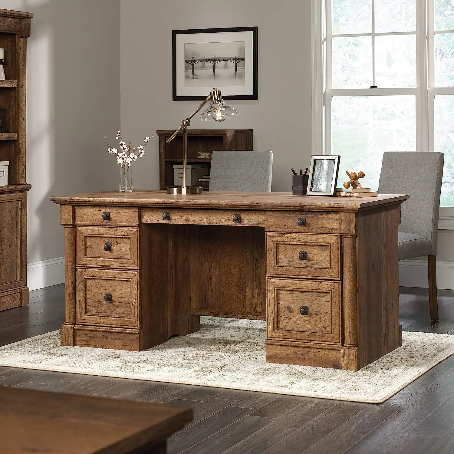 

Executive Desk, Vintage Oak finish L shape desk L shape office desk with drawers Desk white Office desk with drawer White l shap