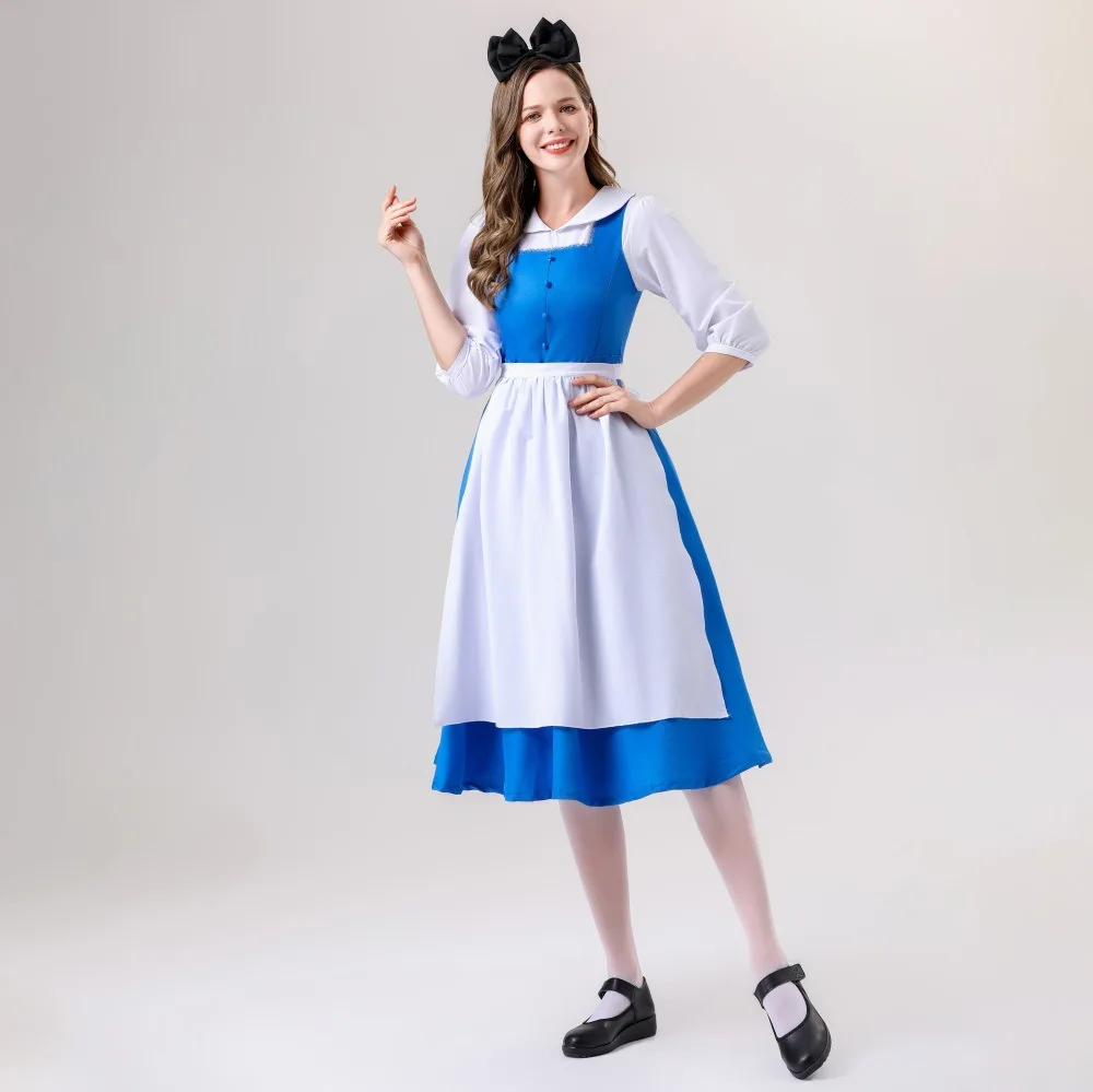 Белое и синее немецкое платье для Октоберфеста длинное горничной Униформа