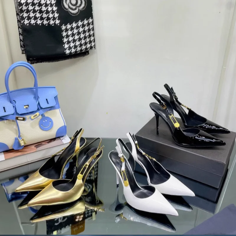 Women's pointed sandals 2023 Spring/Summer New High Heel Banquet Fashion Metal Buckle Baotou Thin Heel Shallow Mouth Shoes