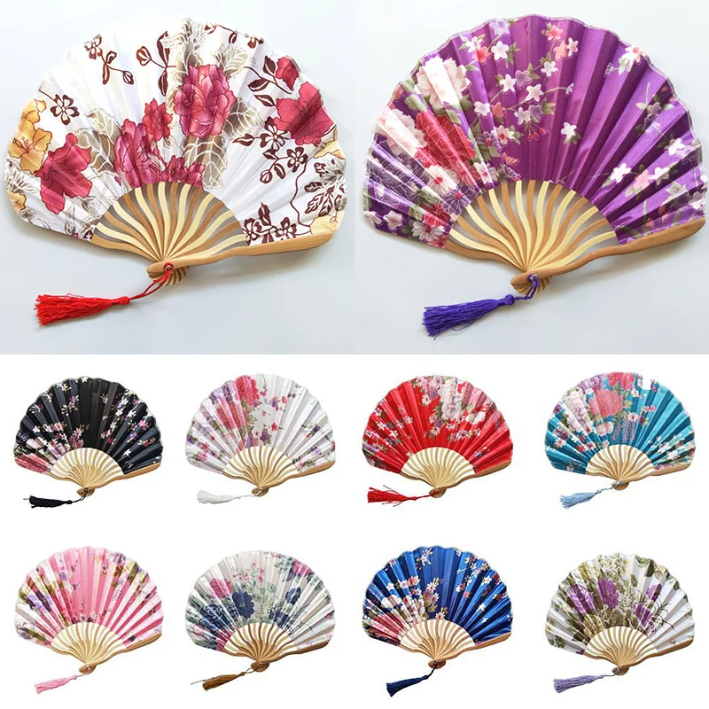 

Vintage Chinese Style Folding Fan Fabric Bamboo Floral Pattern Dance Hand Held Fans Wedding Party Favours Dancing Prop Gift