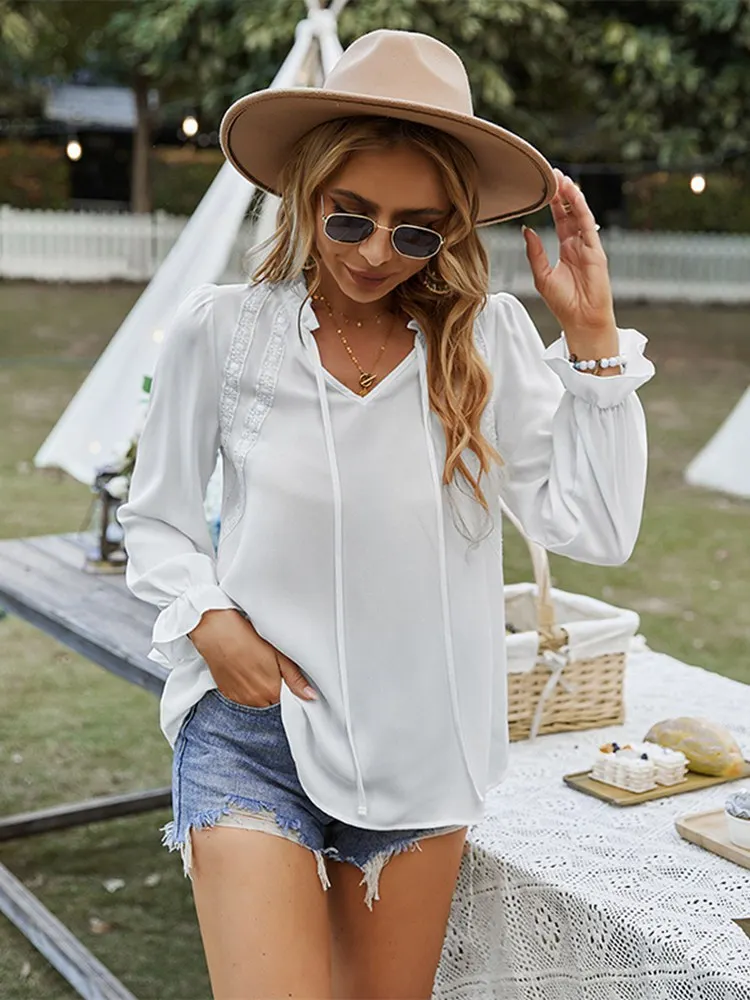 

Fashionable Women's 2022 New Summer V Neck Long Sleeve Solid Color Loose Lace Up All Match Chic Blouses For Female