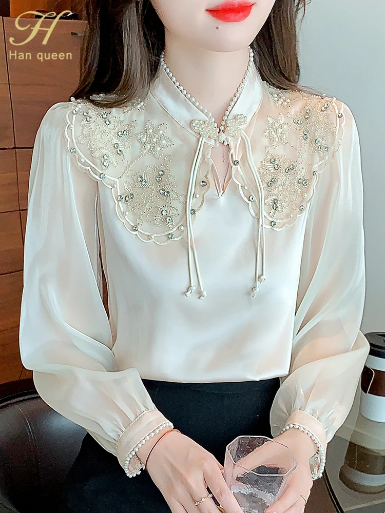 

Осенние рубашки H Han Queen, офисные женские блузы, винтажные дизайнерские топы с 3D вышивкой и бусинами, простые элегантные повседневные шифоновые блузки для женщин