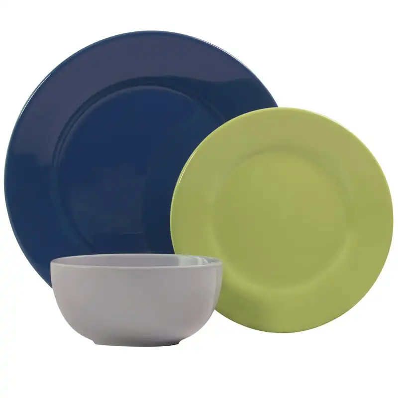 

12-Piece Round Stoneware Dinnerware Set, Cool Tones