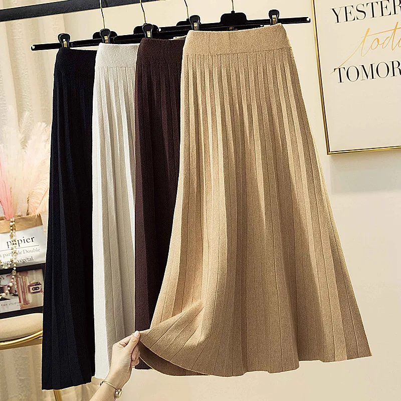 

Autumn Solid Wool Blend Pleated A-line Calf Long Knitted Skirts