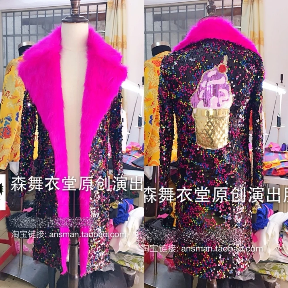 

Men's Fluorescent Sequins Long Slim Fur Coat Male Singer Quan Zhilong Same Style Nightclub Guest Jacket Costume Luxury Design