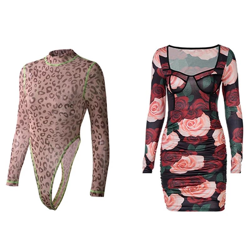 

Women's Leopard Fluorescent Contrast Long-Sleeve S & Long Sleeve Square Collar Patchwork Floral Print Mesh Mini Dress S