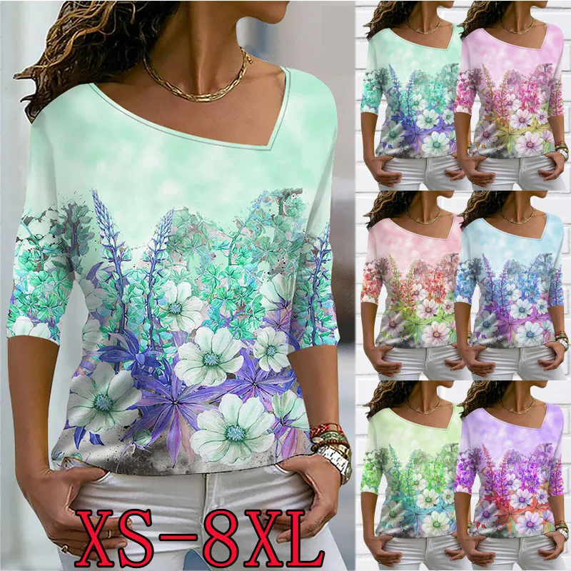 

Autumn Winter Women's Fashion Casual Floral Print V-neck Pullover Fashion Loose Size Long Sleeve T-shirt XS-8XL