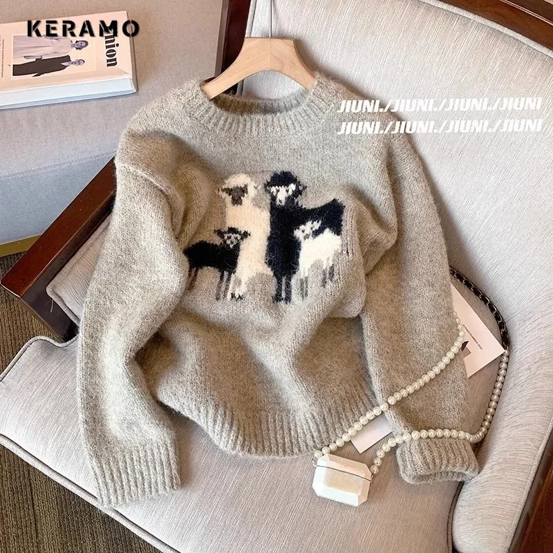 

Sweet Casual Knitting Long Sleeve Pullovers 2023 Winter Korean Fashion Women Y2K Jumpers Animal Print Round Neck Retro Sweater