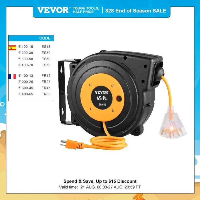 VEVOR Retractable Extension Cord Reel 45/50/65 FT with Lighted Triple Tap Outlet&180° Swivel Bracket Black Heavy Duty Power Cord